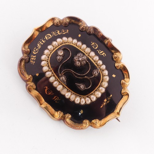 330 - A Victorian Memorial Brooch, the centre with diamond set forget-me-knot within seed pearl surround, ... 