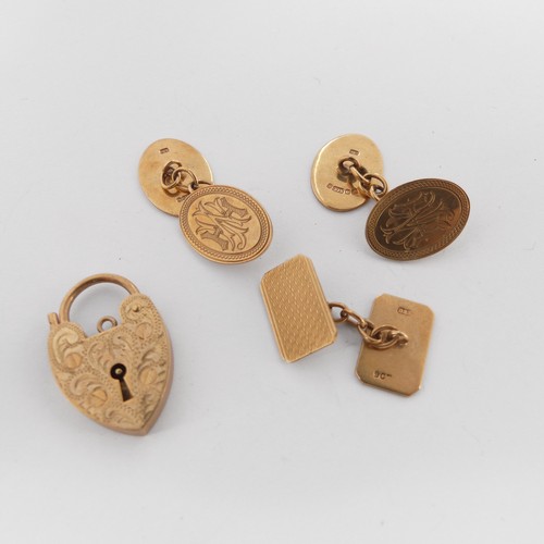 356 - A pair of 9ct gold oval Cufflinks, one side monogrammed, together with an odd 9ct gold cufflink and ... 