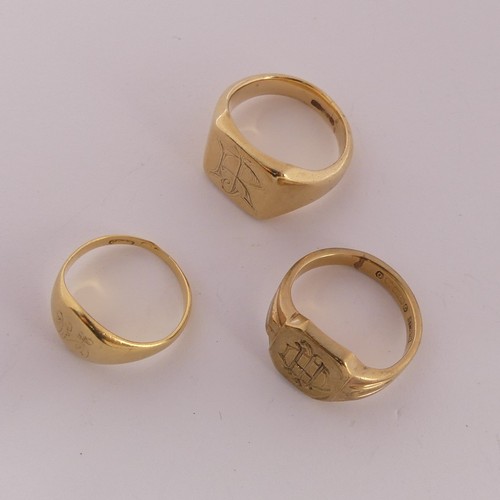 360 - Three 9ct yellow gold Signet Rings, all with initials to front, total weight 19g (3)... 