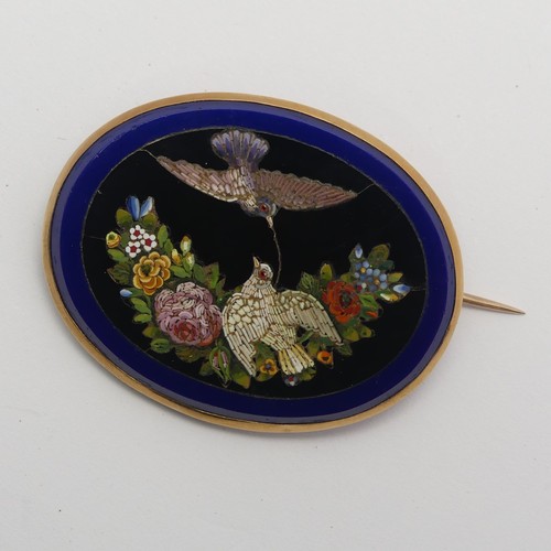 326 - A 19thC Grand Tour Micro-mosaic Brooch, depicting two doves amongst flowers on a black ground within... 