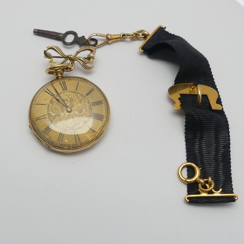 203 - An 18ct gold Fob Watch, gilt dial with black Roman Numerals, movement signed 'Rotherham & Sons G... 