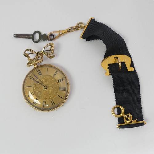 203 - An 18ct gold Fob Watch, gilt dial with black Roman Numerals, movement signed 'Rotherham & Sons G... 