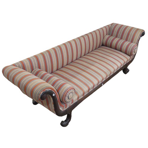 708 - A Regency mahogany scroll-end Sofa, of rectangular proportions, raised on four scroll sabre legs, up... 