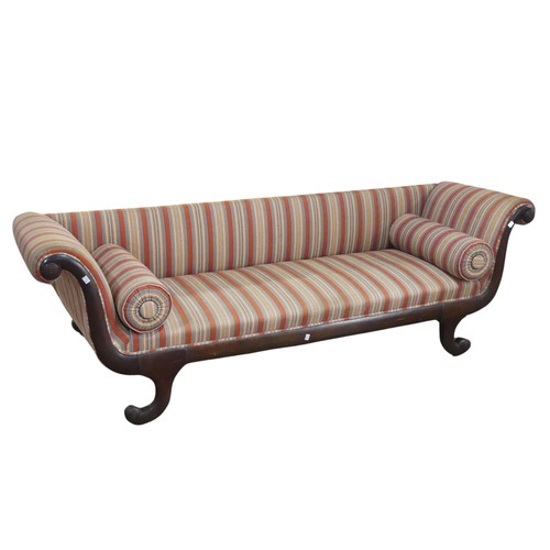 708 - A Regency mahogany scroll-end Sofa, of rectangular proportions, raised on four scroll sabre legs, up... 