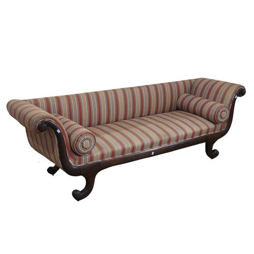 708 - A Regency mahogany scroll-end Sofa, of rectangular proportions, raised on four scroll sabre legs, up... 