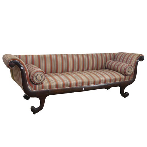 708 - A Regency mahogany scroll-end Sofa, of rectangular proportions, raised on four scroll sabre legs, up... 