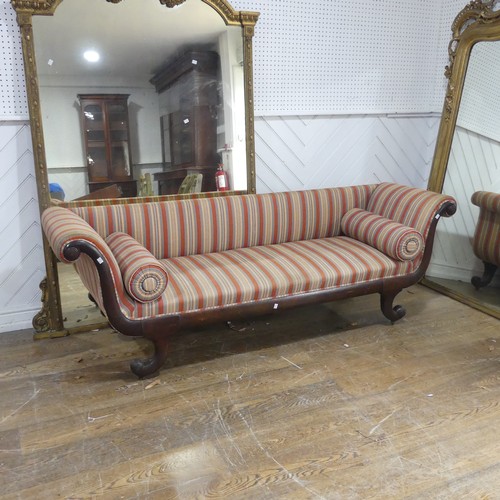 708 - A Regency mahogany scroll-end Sofa, of rectangular proportions, raised on four scroll sabre legs, up... 