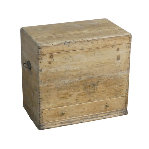 511 - A small antique pine travelling Box, hinged top and drawer too base, carrying handles to either side... 