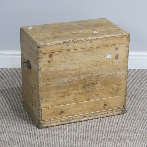 511 - A small antique pine travelling Box, hinged top and drawer too base, carrying handles to either side... 