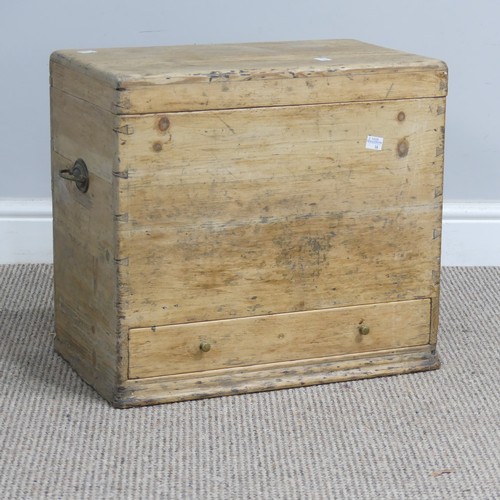 511 - A small antique pine travelling Box, hinged top and drawer too base, carrying handles to either side... 