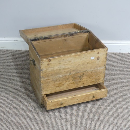 511 - A small antique pine travelling Box, hinged top and drawer too base, carrying handles to either side... 