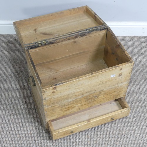 511 - A small antique pine travelling Box, hinged top and drawer too base, carrying handles to either side... 