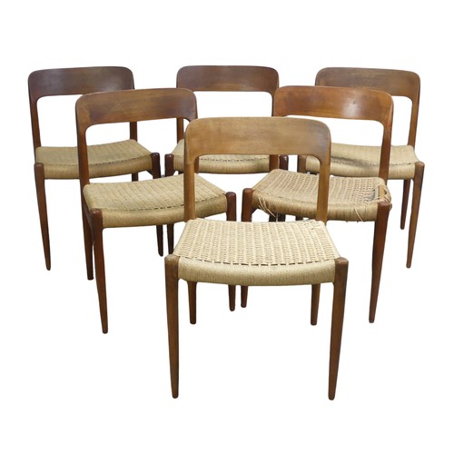 A set of six mid-20thC Niels Moller for J L Moller bar back teak dining Chairs, all with rush seats, Danish, with makers marks, note one with damages to rush seat, see images, W 50.5 cm x H 75 cm x D 42 cm(6)