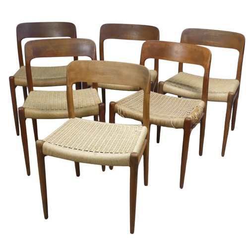 402 - A set of six mid-20thC Niels Moller for J L Moller bar back teak dining Chairs, all with rush seats,... 