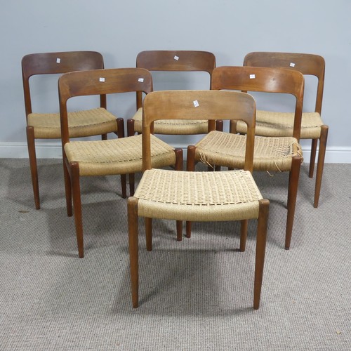 402 - A set of six mid-20thC Niels Moller for J L Moller bar back teak dining Chairs, all with rush seats,... 