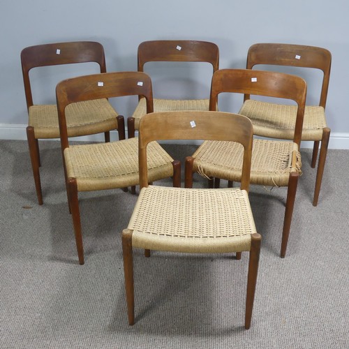 402 - A set of six mid-20thC Niels Moller for J L Moller bar back teak dining Chairs, all with rush seats,... 