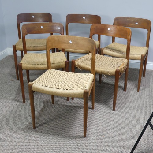 402 - A set of six mid-20thC Niels Moller for J L Moller bar back teak dining Chairs, all with rush seats,... 