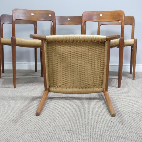 402 - A set of six mid-20thC Niels Moller for J L Moller bar back teak dining Chairs, all with rush seats,... 