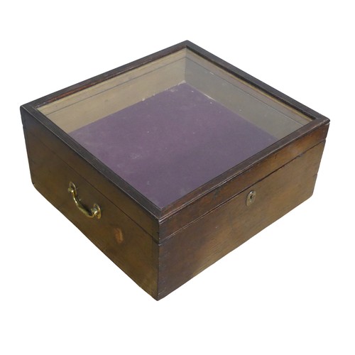 523 - An antique oak and glazed display Box, carrying handles to either side, removable mid section, W 43.... 