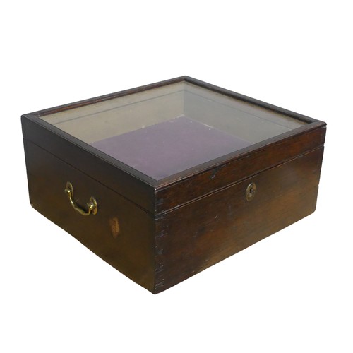 523 - An antique oak and glazed display Box, carrying handles to either side, removable mid section, W 43.... 