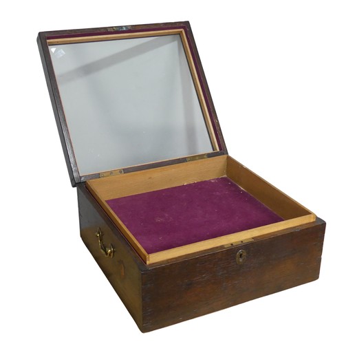 523 - An antique oak and glazed display Box, carrying handles to either side, removable mid section, W 43.... 