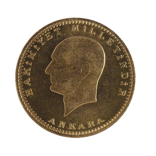 437 - A Turkish 100 Piastres / Kurush gold Coin, dated 1956 (1923 / 33), 7.2g.