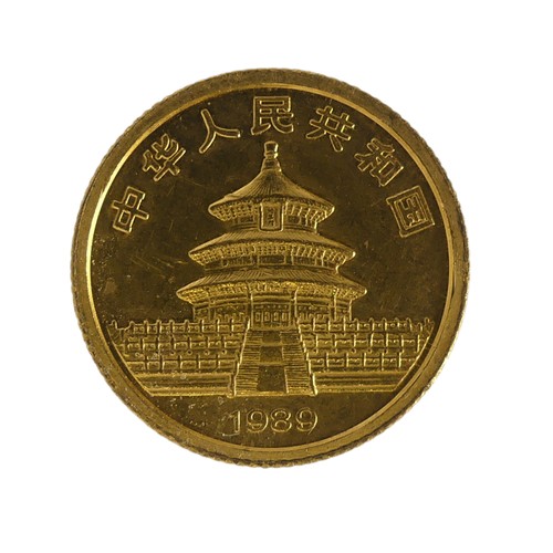 447 - A Chinese gold 10 Yuan (1/10th oz) Panda Coin, dated 1989, 3.1g.