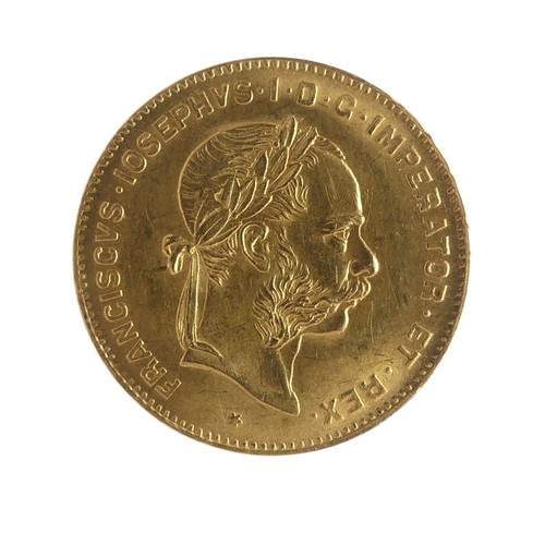 450 - An Austrian gold 4 Florins / 10 Francs Coin, 1892 re-strike.