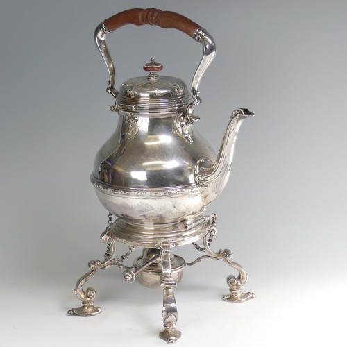 A George V silver Spirit Kettle, by Elkington & Co Ltd., hallmarked Birmingham 1929, of waisted circular form, wood effect handle and finial, on correspondingly marked stand and burner, overall height 34cm, approx total weight 55.4ozt.