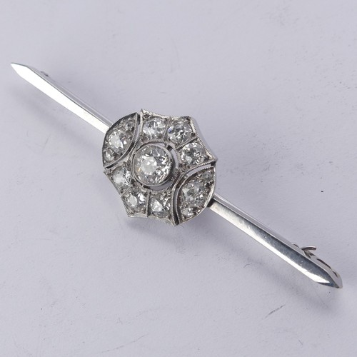 337 - An Art Deco diamond cluster Bar Brooch, the old cut stones millegrain set in 15ct white gold, princi... 