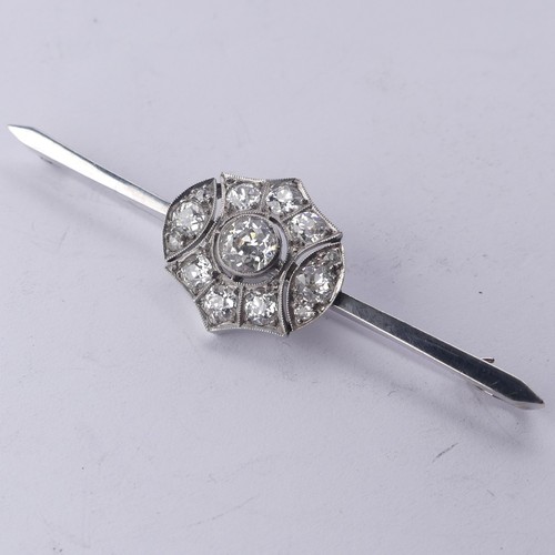 337 - An Art Deco diamond cluster Bar Brooch, the old cut stones millegrain set in 15ct white gold, princi... 