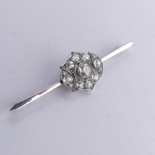 337 - An Art Deco diamond cluster Bar Brooch, the old cut stones millegrain set in 15ct white gold, princi... 