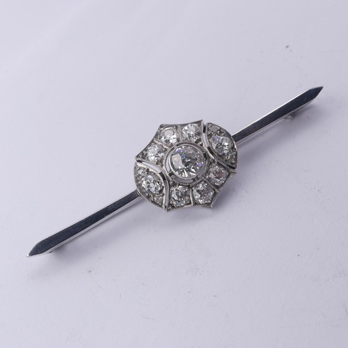 337 - An Art Deco diamond cluster Bar Brooch, the old cut stones millegrain set in 15ct white gold, princi... 