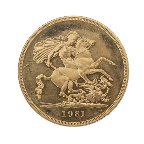 422 - An Elizabeth II gold Five Pounds, dated 1981, uncased with some finger marks etc.,... 