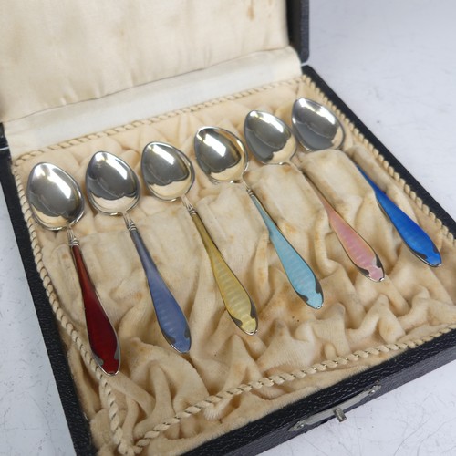 67 - A cased set of six Norwegian silver and enamel Coffee Spoons, by Niels Klemetsen, 10cm long, the han... 