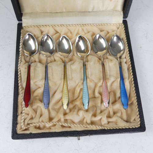 67 - A cased set of six Norwegian silver and enamel Coffee Spoons, by Niels Klemetsen, 10cm long, the han... 