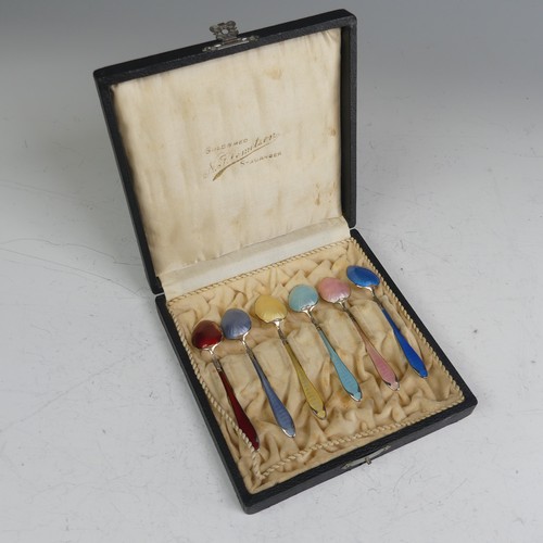 67 - A cased set of six Norwegian silver and enamel Coffee Spoons, by Niels Klemetsen, 10cm long, the han... 