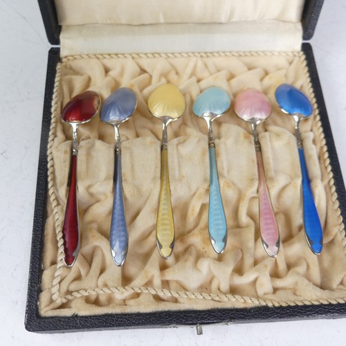 67 - A cased set of six Norwegian silver and enamel Coffee Spoons, by Niels Klemetsen, 10cm long, the han... 