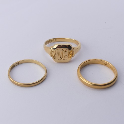 277 - A narrow 22ct yellow gold Band, Size Q, 4.2g together with an 18ct gold signet ring, engraved with i... 