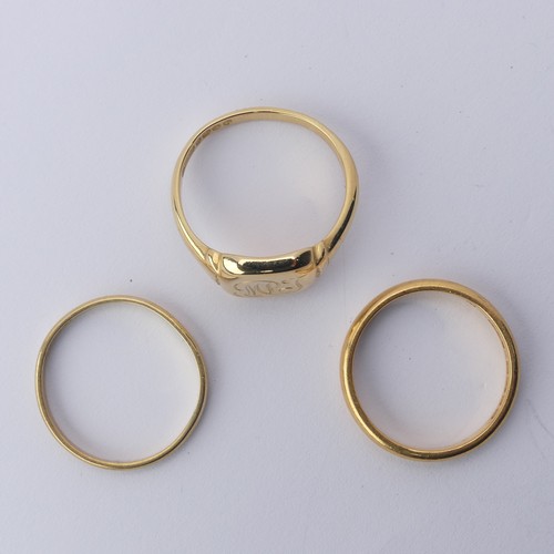 277 - A narrow 22ct yellow gold Band, Size Q, 4.2g together with an 18ct gold signet ring, engraved with i... 