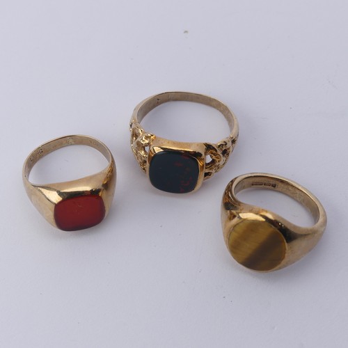 278 - A 9ct yellow gold Signet Ring, the oval front set Tiger's Eye, Size J, together with a bloodstone si... 