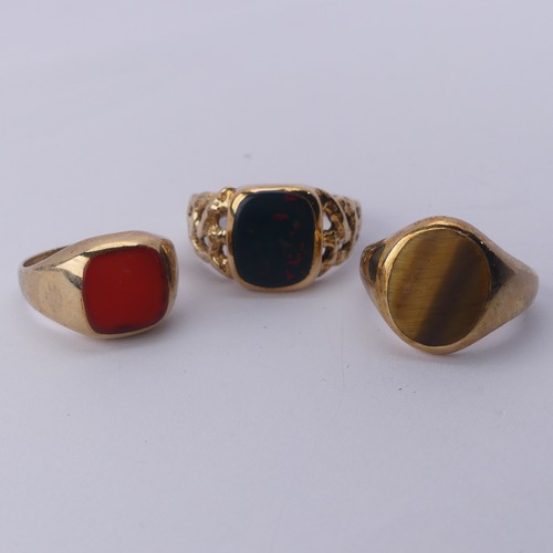 278 - A 9ct yellow gold Signet Ring, the oval front set Tiger's Eye, Size J, together with a bloodstone si... 