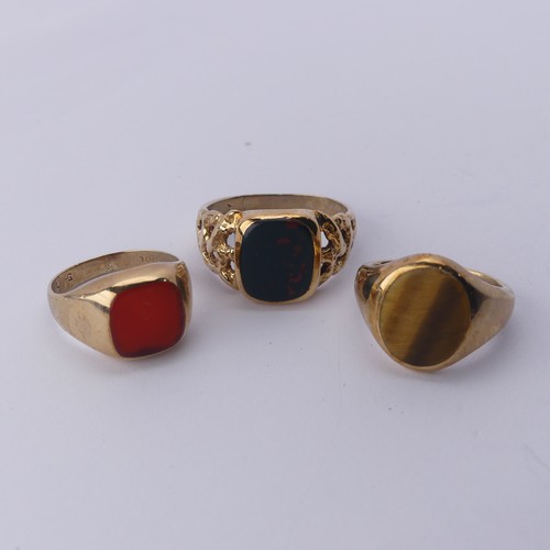 278 - A 9ct yellow gold Signet Ring, the oval front set Tiger's Eye, Size J, together with a bloodstone si... 