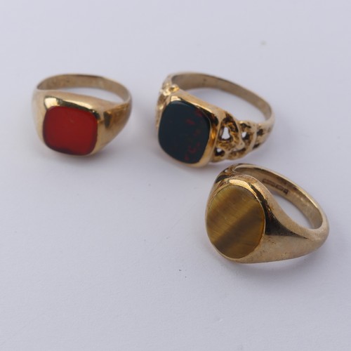 278 - A 9ct yellow gold Signet Ring, the oval front set Tiger's Eye, Size J, together with a bloodstone si... 