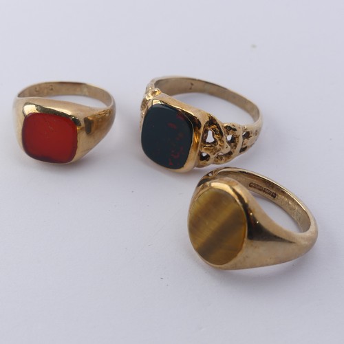 278 - A 9ct yellow gold Signet Ring, the oval front set Tiger's Eye, Size J, together with a bloodstone si... 