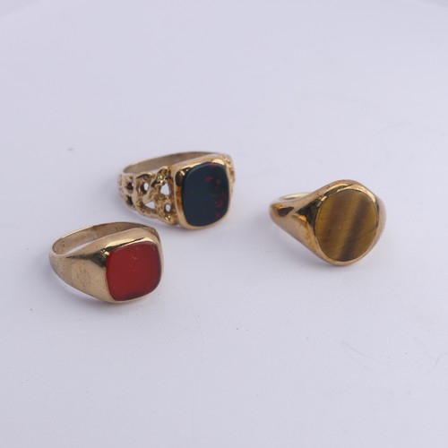 278 - A 9ct yellow gold Signet Ring, the oval front set Tiger's Eye, Size J, together with a bloodstone si... 