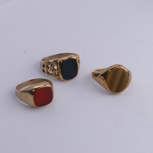 278 - A 9ct yellow gold Signet Ring, the oval front set Tiger's Eye, Size J, together with a bloodstone si... 