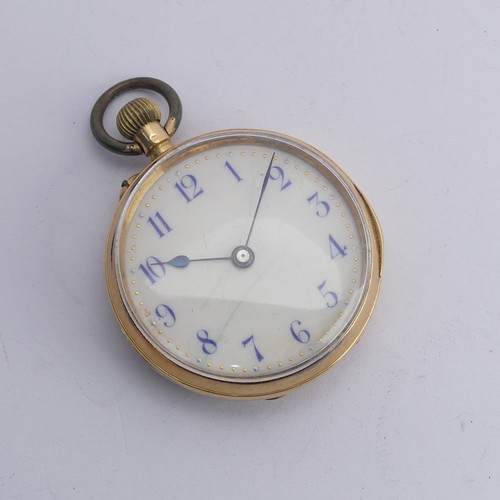 214 - An 18ct gold Fob Watch, white enamel dial with blue Arabic Numerals, unsigned manual crown wind move... 