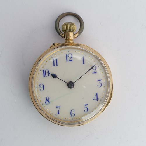 214 - An 18ct gold Fob Watch, white enamel dial with blue Arabic Numerals, unsigned manual crown wind move... 