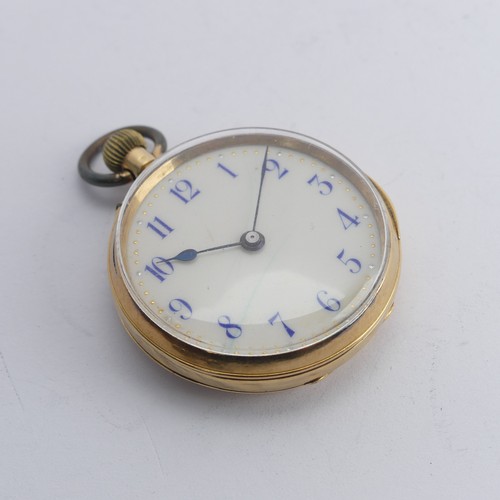 214 - An 18ct gold Fob Watch, white enamel dial with blue Arabic Numerals, unsigned manual crown wind move... 